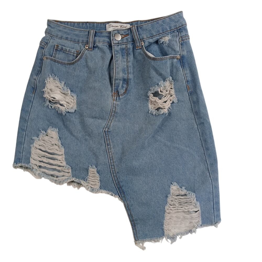 Denim Blvd Womens Ripped Denim Skirt Asymmetrical Raw Hem Light Blue S